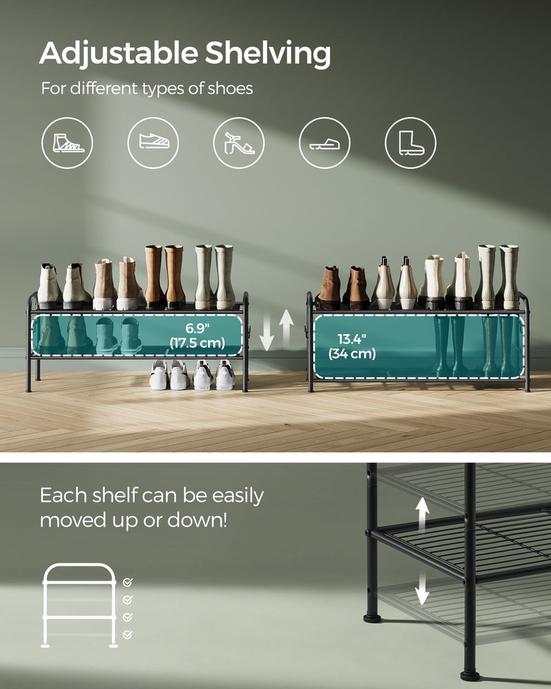 Extra Wide 2 Tier Metal Shoe Rack with Hooks for Hallway Storage in Black by Songmics