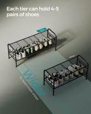 Extra Wide 2 Tier Metal Shoe Rack with Hooks for Hallway Storage in Black by Songmics