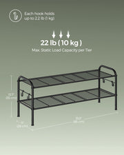 Extra Wide 2 Tier Metal Shoe Rack with Hooks for Hallway Storage in Black by Songmics