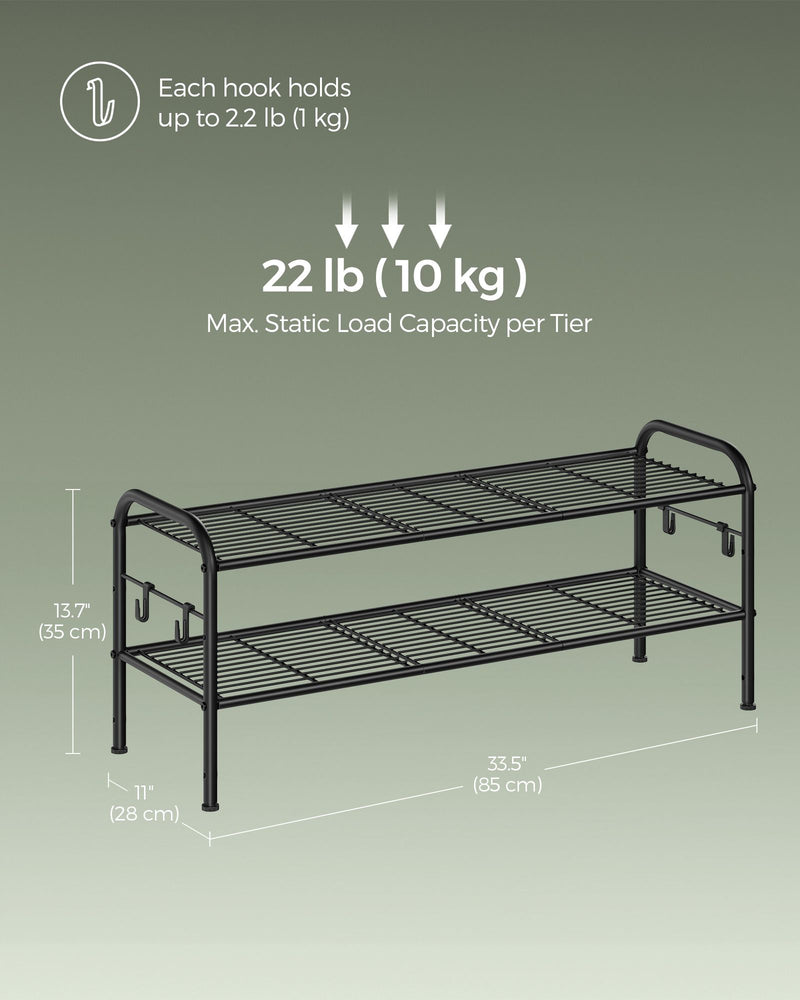 Extra Wide 2 Tier Metal Shoe Rack with Hooks for Hallway Storage in Black by Songmics