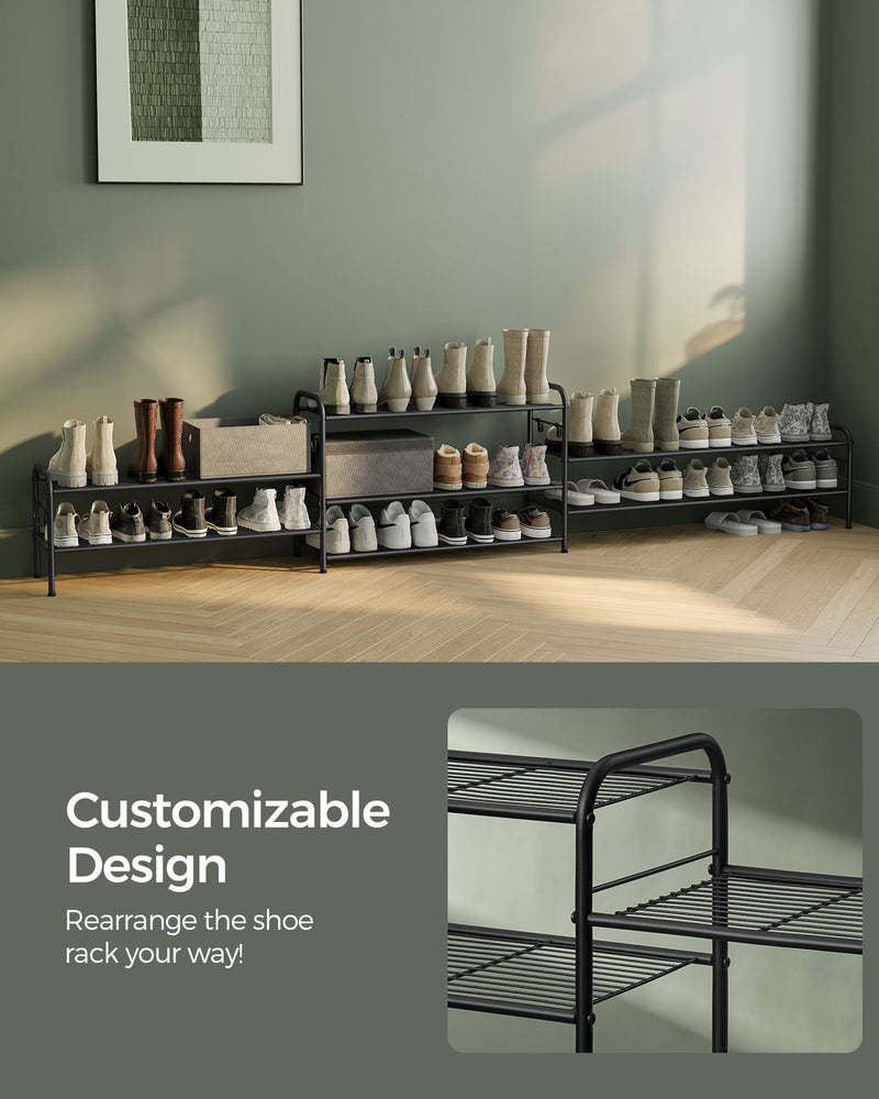 Extra Wide 2 Tier Metal Shoe Rack with Hooks for Hallway Storage in Black by Songmics