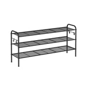 Extra Wide 3 Tier Metal Shoe Rack with Hooks for Hallway Storage in Black by Songmics