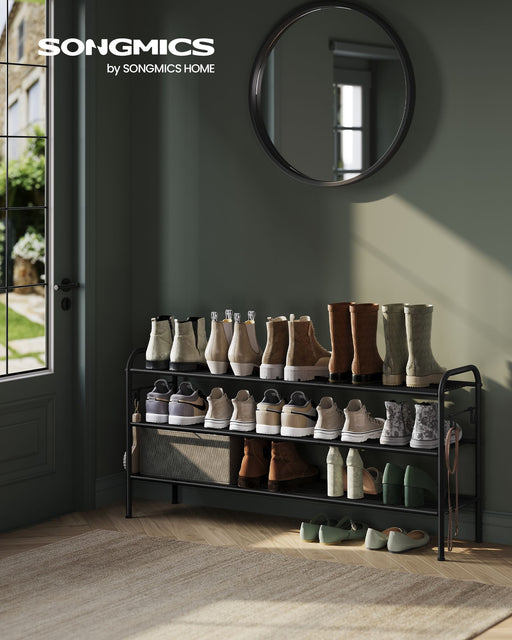 Extra Wide 3 Tier Metal Shoe Rack with Hooks for Hallway Storage in Black by Songmics