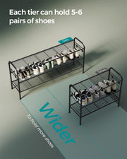 Extra Wide 3 Tier Metal Shoe Rack with Hooks for Hallway Storage in Black by Songmics