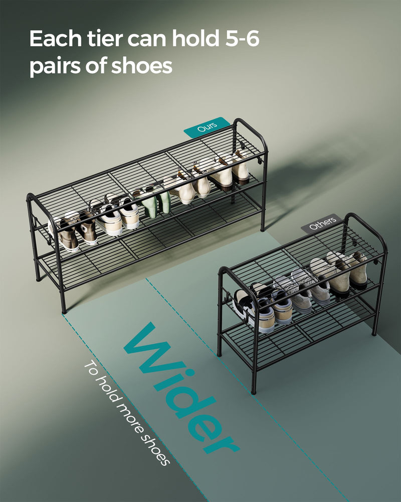 Extra Wide 3 Tier Metal Shoe Rack with Hooks for Hallway Storage in Black by Songmics