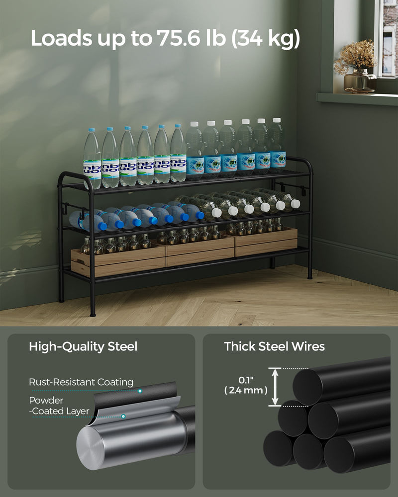 Extra Wide 3 Tier Metal Shoe Rack with Hooks for Hallway Storage in Black by Songmics