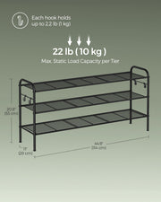 Extra Wide 3 Tier Metal Shoe Rack with Hooks for Hallway Storage in Black by Songmics