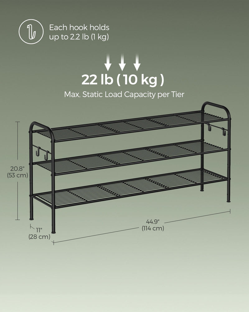 Extra Wide 3 Tier Metal Shoe Rack with Hooks for Hallway Storage in Black by Songmics