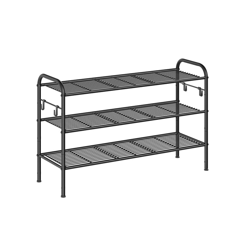 Extra Wide 3 Tier Metal Shoe Rack with Hooks for Hallway Storage in Black by Songmics