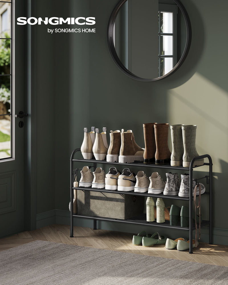 Extra Wide 3 Tier Metal Shoe Rack with Hooks for Hallway Storage in Black by Songmics