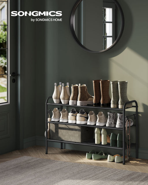 Extra Wide 3 Tier Metal Shoe Rack with Hooks for Hallway Storage in Black by Songmics