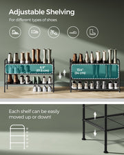 Extra Wide 3 Tier Metal Shoe Rack with Hooks for Hallway Storage in Black by Songmics