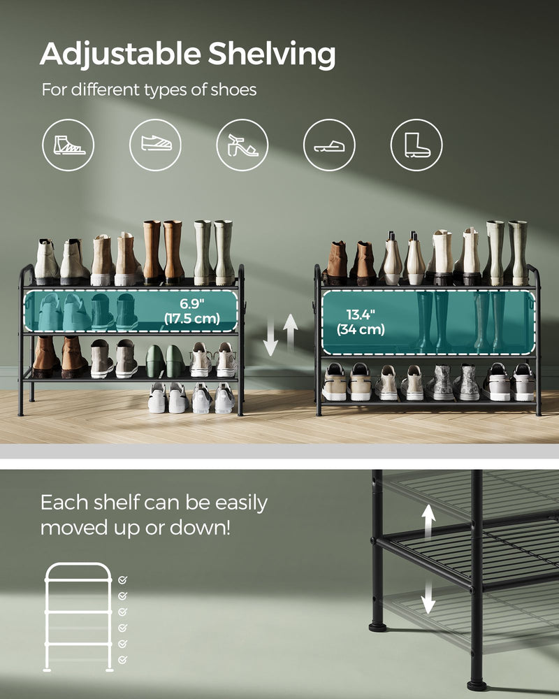 Extra Wide 3 Tier Metal Shoe Rack with Hooks for Hallway Storage in Black by Songmics