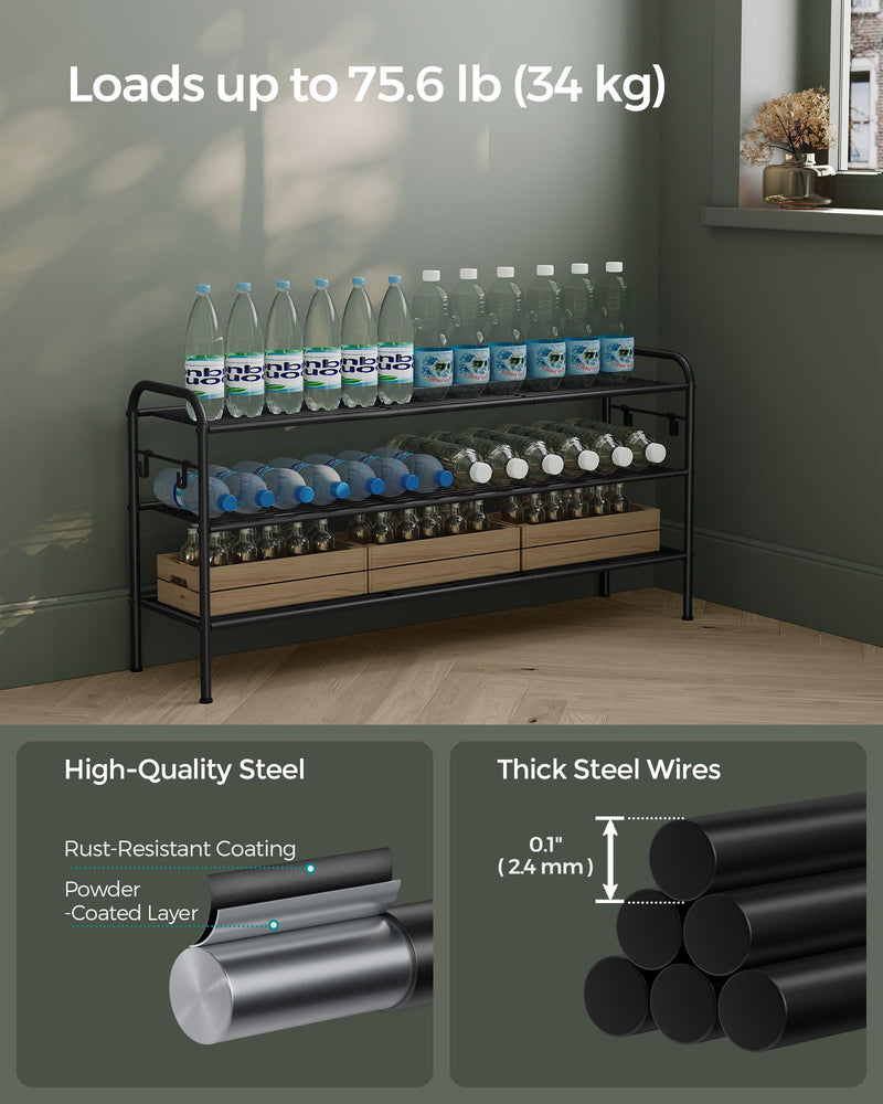 Extra Wide 3 Tier Metal Shoe Rack with Hooks for Hallway Storage in Black by Songmics