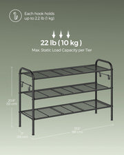Extra Wide 3 Tier Metal Shoe Rack with Hooks for Hallway Storage in Black by Songmics