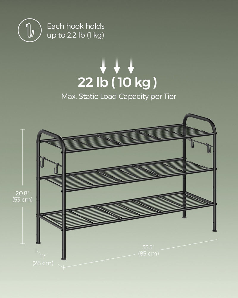 Extra Wide 3 Tier Metal Shoe Rack with Hooks for Hallway Storage in Black by Songmics