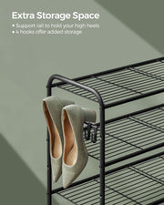 Extra Wide 3 Tier Metal Shoe Rack with Hooks for Hallway Storage in Black by Songmics