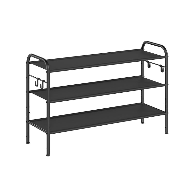 Extra Wide 3 Tier Fabric Shoe Rack with Hooks for Hallway Storage in Black by Songmics