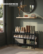 Extra Wide 3 Tier Fabric Shoe Rack with Hooks for Hallway Storage in Black by Songmics