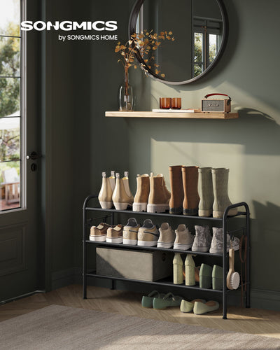 Extra Wide 3 Tier Fabric Shoe Rack with Hooks for Hallway Storage in Black by Songmics