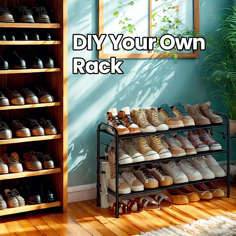 3 Tier Fabric Shoe Rack with 4 Side Hooks Holds up to 15 Pairs of Shoes by Songmics