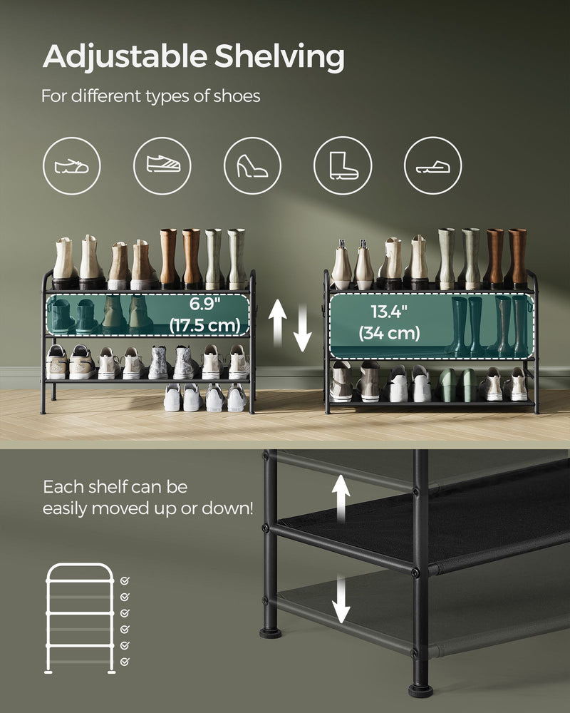 Extra Wide 3 Tier Fabric Shoe Rack with Hooks for Hallway Storage in Black by Songmics