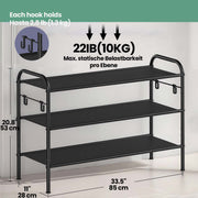 3 Tier Fabric Shoe Rack with 4 Side Hooks Holds up to 15 Pairs of Shoes by Songmics