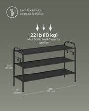 Extra Wide 3 Tier Fabric Shoe Rack with Hooks for Hallway Storage in Black by Songmics