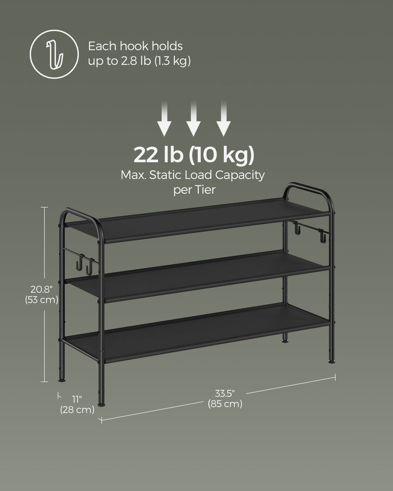 Extra Wide 3 Tier Fabric Shoe Rack with Hooks for Hallway Storage in Black by Songmics