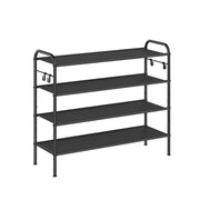 Extra Wide 4 Tier Fabric Shoe Rack with Hooks for Entryway in Black by Songmics