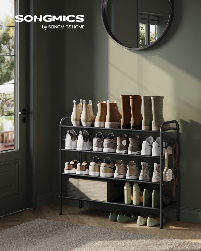 Extra Wide 4 Tier Fabric Shoe Rack with Hooks for Entryway in Black by Songmics