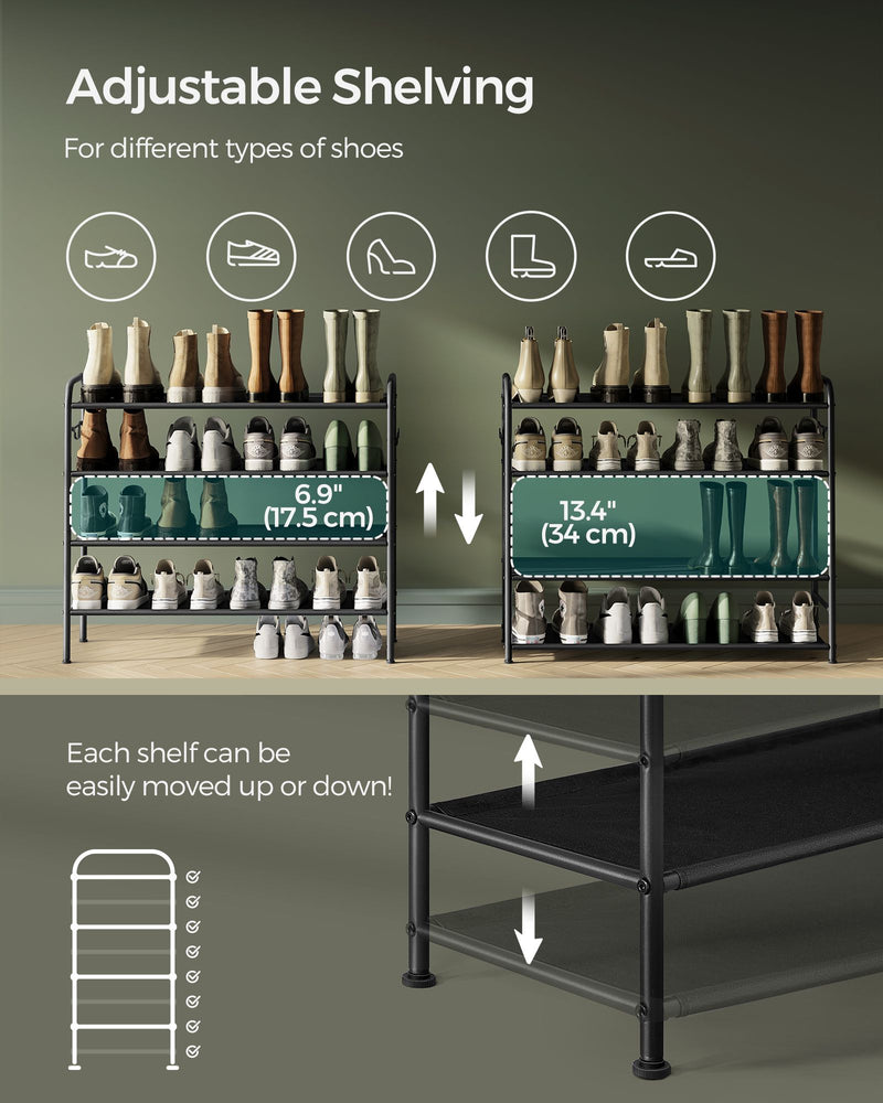 Extra Wide 4 Tier Fabric Shoe Rack with Hooks for Entryway in Black by Songmics