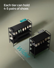 Extra Wide 4 Tier Fabric Shoe Rack with Hooks for Entryway in Black by Songmics