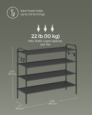 Extra Wide 4 Tier Fabric Shoe Rack with Hooks for Entryway in Black by Songmics