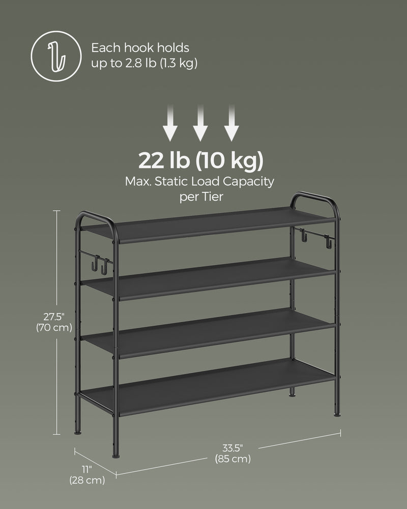 Extra Wide 4 Tier Fabric Shoe Rack with Hooks for Entryway in Black by Songmics