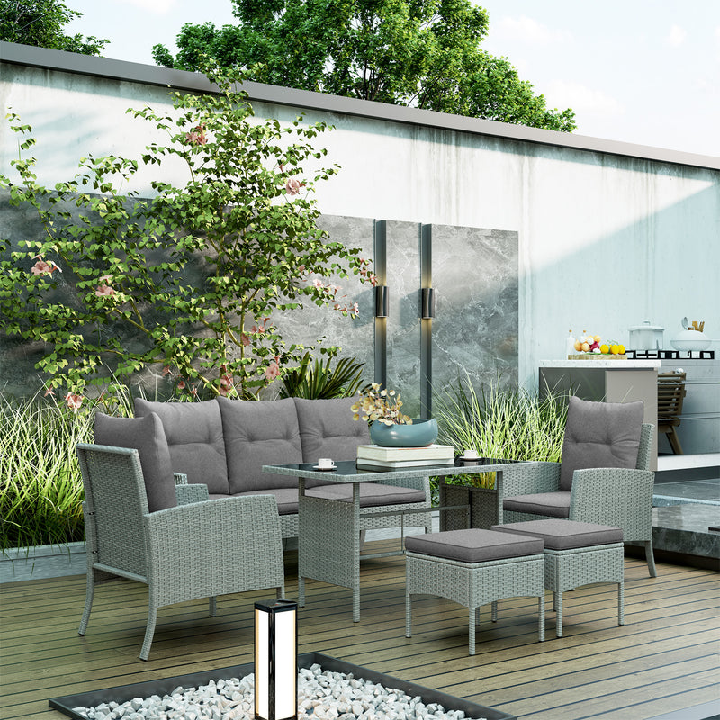 Grey 5 Seater Rattan Garden Furniture Set With Cushions and Glass Table by Outsunny