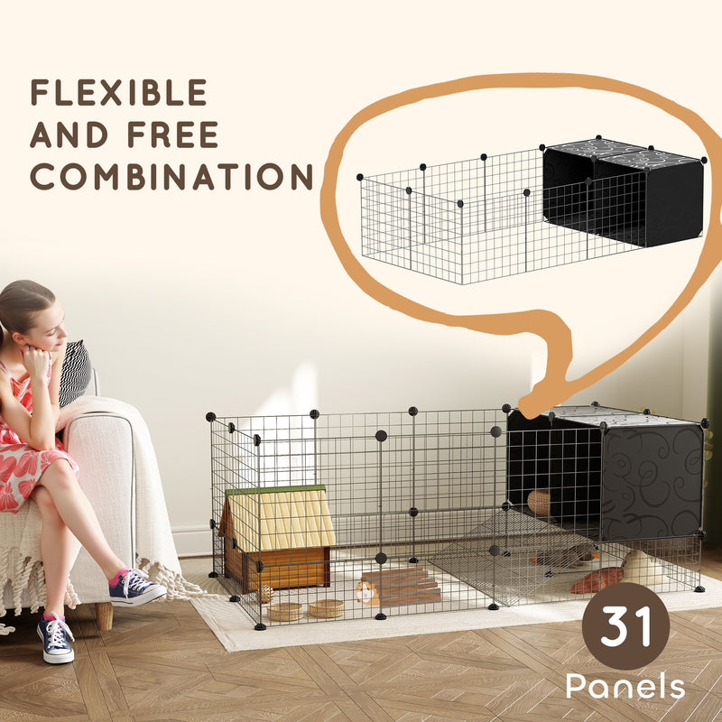 DIY Small Animal Cage with Elevated Huts for Guinea Pigs Rabbits and Hedgehogs Black by PawHut