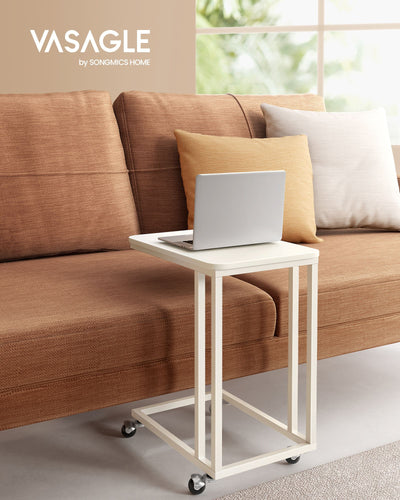 C Shaped Side Table with Steel Frame and Lockable Castors for Living Room - Cream White VASAGLE