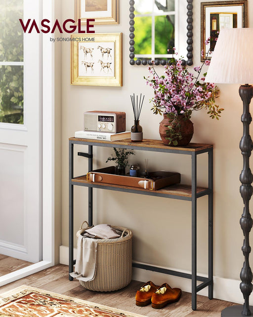 Slim 2 Tier Hallway Sofa Table Rustic Brown and Black Space Saving Design by Vasagle