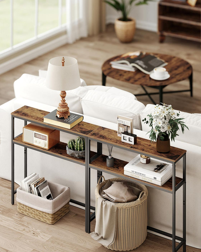 Slim 2 Tier Hallway Sofa Table Rustic Brown and Black Space Saving Design by Vasagle