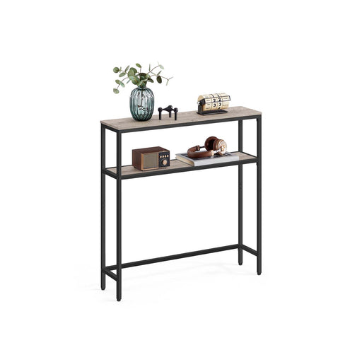 Slim 2 Tier Sofa Table with Storage Shelf in Heather Greige and Ink Black by Vasagle