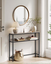 Slim 2 Tier Sofa Table with Storage Shelf in Heather Greige and Ink Black by Vasagle