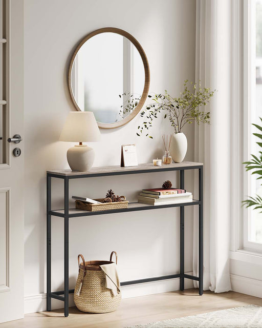 Slim 2 Tier Sofa Table with Storage Shelf in Heather Greige and Ink Black by Vasagle