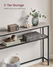 Slim 2 Tier Sofa Table with Storage Shelf in Heather Greige and Ink Black by Vasagle