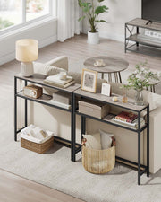 Slim 2 Tier Sofa Table with Storage Shelf in Heather Greige and Ink Black by Vasagle
