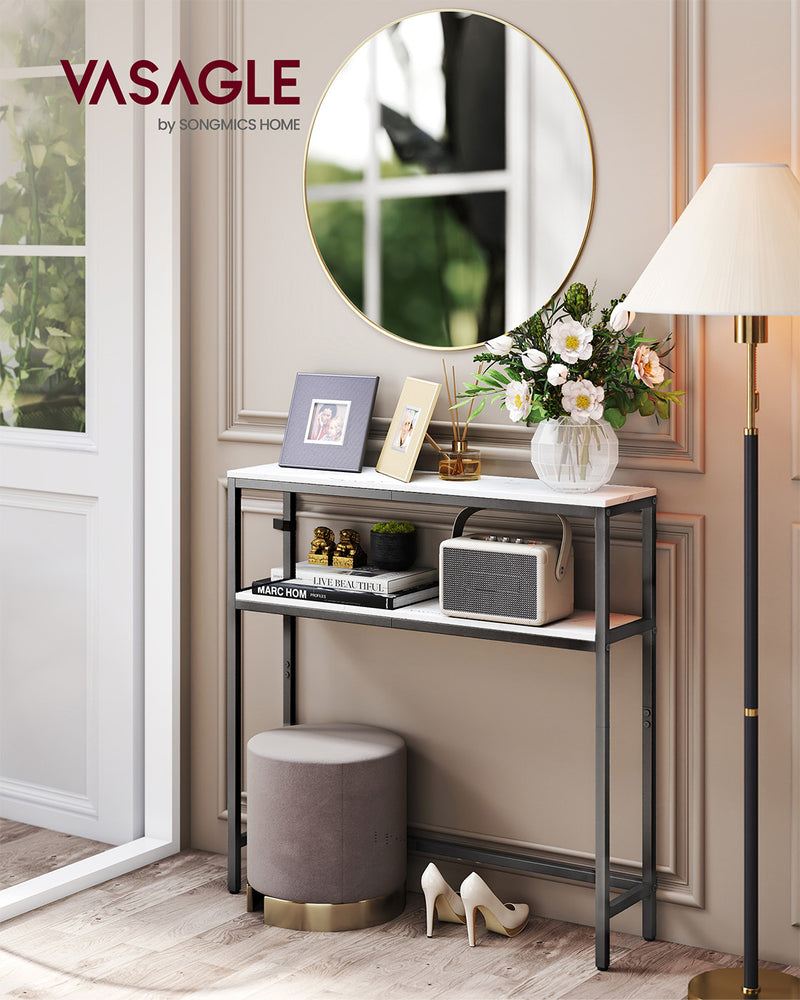 Slim 2 Tier Hallway Sofa Table Marble White and Black Finish Space Saving Design by Vasagle