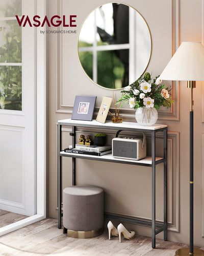 Slim 2 Tier Hallway Sofa Table Marble White and Black Finish Space Saving Design by Vasagle