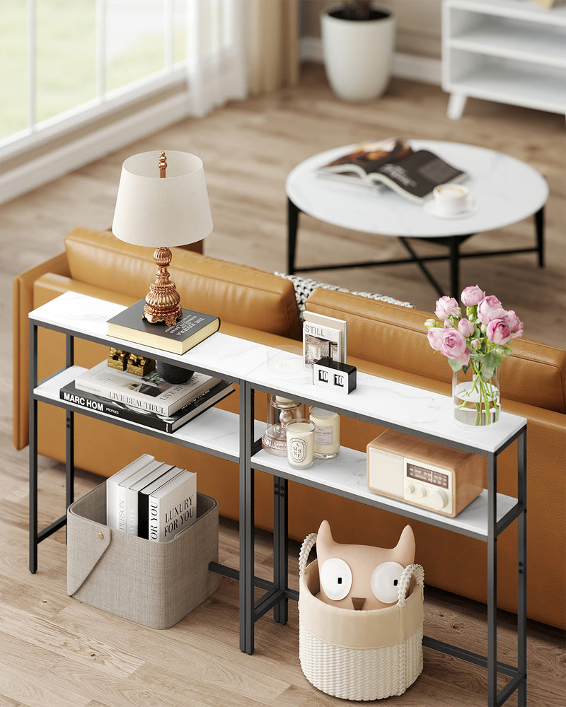 Slim 2 Tier Hallway Sofa Table Marble White and Black Finish Space Saving Design by Vasagle