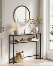 Heather Greige and Ink Black Console Table with Two Storage Shelves for Hallway by Vasagle