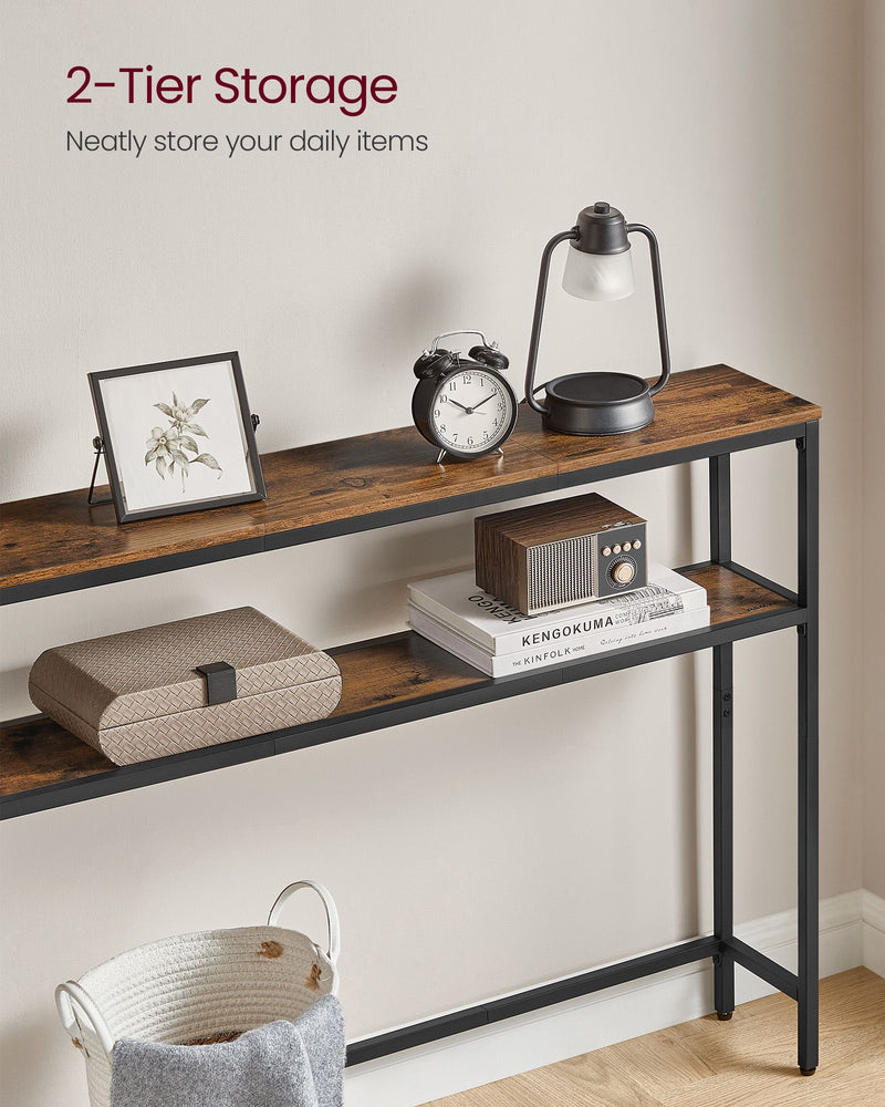 Rustic Brown and Black Two Tier Console Table for Hallway with Storage Shelf by Vasagle